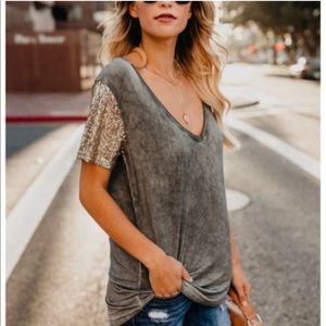 Vici Sequin Sleeve V Neck Tee
